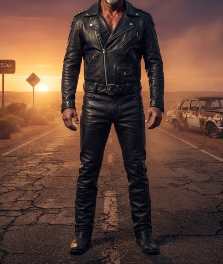 A man wearing a black leather motorcycle jacket and matching black leather pants stands on a cracked road at sunset, with a vintage car and a sign visible in the background.