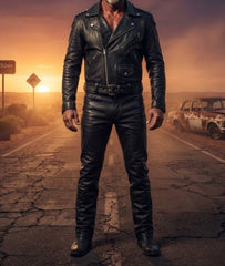 A man wearing a black leather motorcycle jacket and matching black leather pants stands on a cracked road at sunset, with a vintage car and a sign visible in the background.