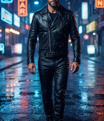 A man wearing a black leather motorcycle jacket and matching black leather pants walks down a wet, neon-lit city street at night.