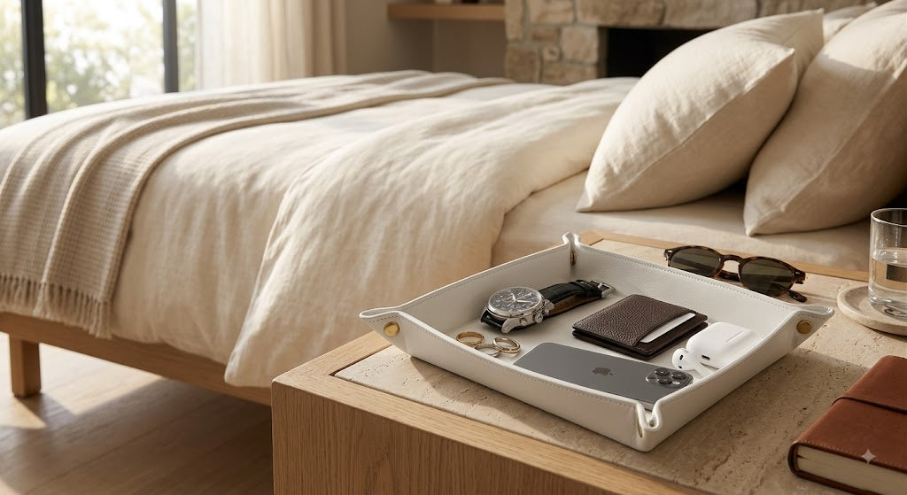 A white rectangular tray with small gold-toned corner accents sits on a wooden bedside table in a softly lit bedroom. The tray holds a watch, wallet, sunglasses, and a phone, with a bed and pillows in the background.