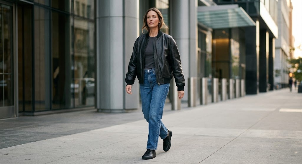 A woman walking on a city sidewalk wearing a black leather bomber jacket, black t-shirt, blue jeans, and black shoes.