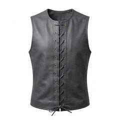 Men’s Genuine Leather Lace-Up Vest – Sleeveless Biker Style