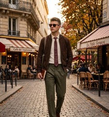 A man walking down a cobblestone street in front of Parisian-style cafés, wearing a brown suede jacket, white shirt, burgundy tie, olive green trousers, and sunglasses.