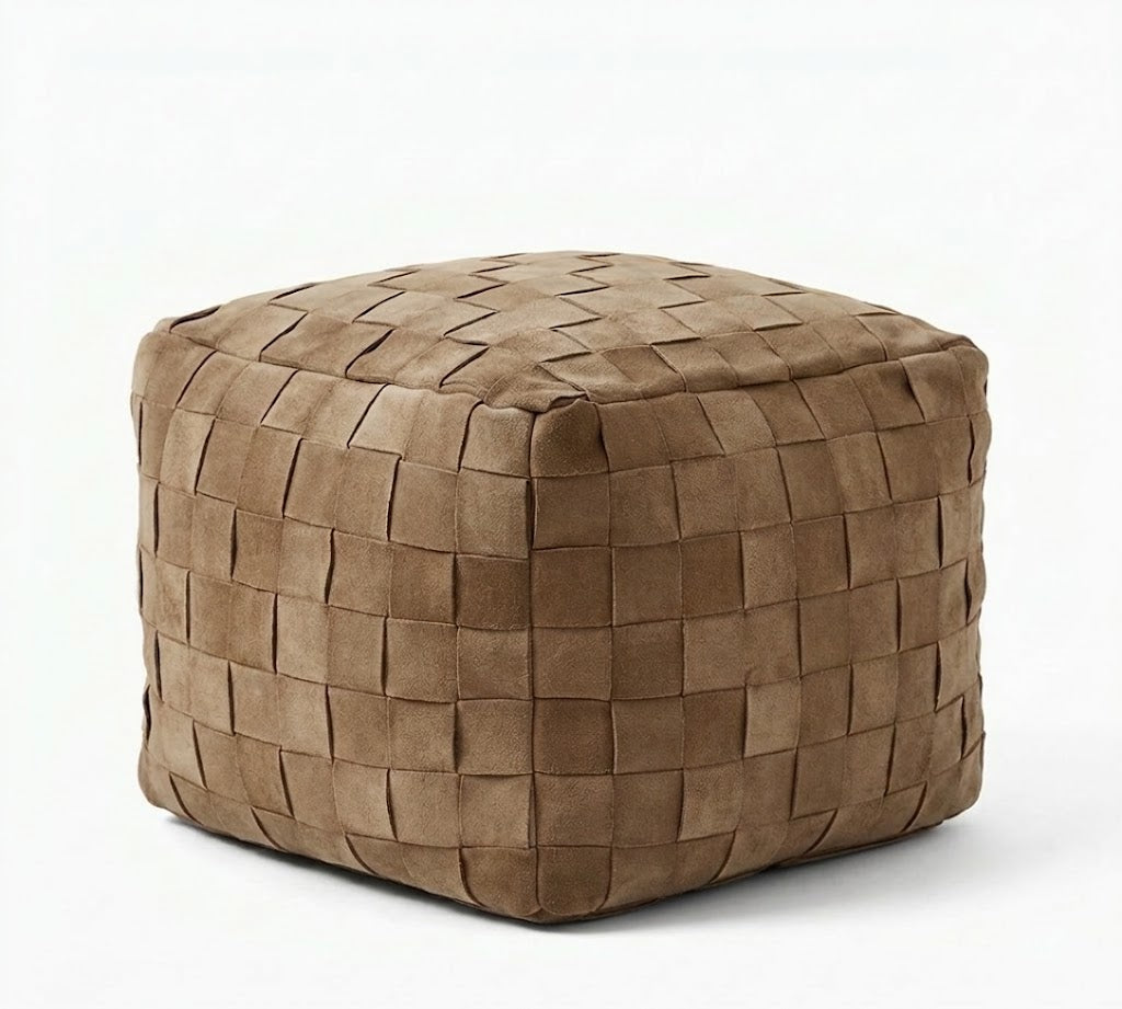 A square woven pouf ottoman in a warm taupe-brown suede-like material, shown on a clean white background.