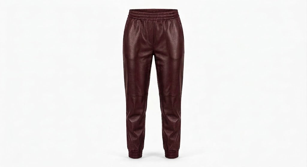 A pair of dark burgundy leather jogger pants with an elastic waistband and ribbed ankle cuffs, shown against a plain white background.
