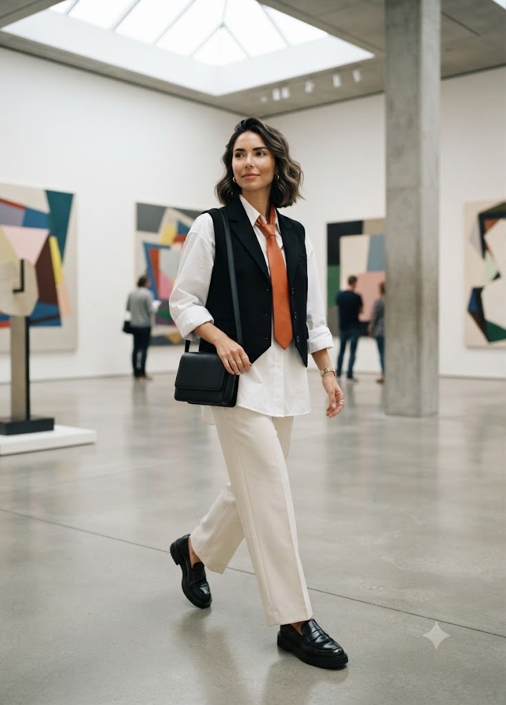 A woman walks through a modern art gallery wearing a stylish outfit consisting of a white button-down shirt, a black vest, an orange tie, cream wide-leg trousers, and black loafers, while carrying a black shoulder bag.