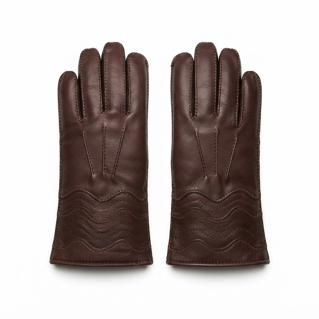 A pair of dark brown leather gloves with decorative wavy stitching on the back of the hands, displayed flat against a white background.