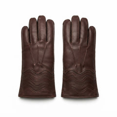 A pair of dark brown leather gloves with decorative wavy stitching on the back of the hands, displayed flat against a white background.