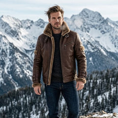 Men’s Brown Genuine Leather Jacket with Fur Collar – Aviator Style