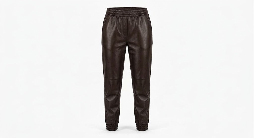 Dark brown faux leather jogger pants with an elastic waistband, displayed on a clean white background.