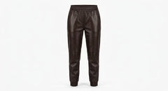 Dark brown faux leather jogger pants with an elastic waistband, displayed on a clean white background.
