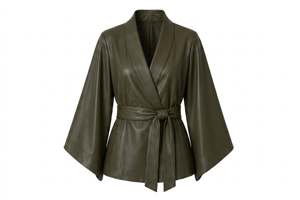 An olive green leather kimono-style wrap jacket with wide sleeves and a matching tie belt, shown on a plain white background.