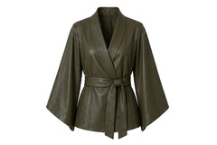 An olive green leather kimono-style wrap jacket with wide sleeves and a matching tie belt, shown on a plain white background.
