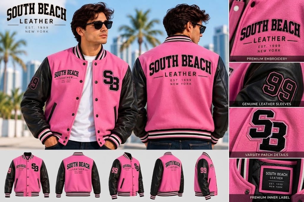 A promotional collage showing a pink and black varsity-style jacket from multiple angles, with a man modeling the front and back. The jacket has black leather sleeves and collar, black ribbed trim, and large black embroidered text reading SOUTH BEACH LEATHER with a large SB monogram.