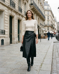 Women’s Black Leather Wrap Skirt – Asymmetric Midi Style