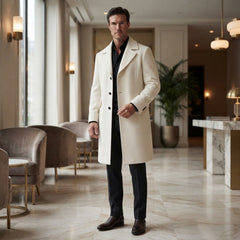 Men’s White Wool Trench Coat with Half-Belted Back