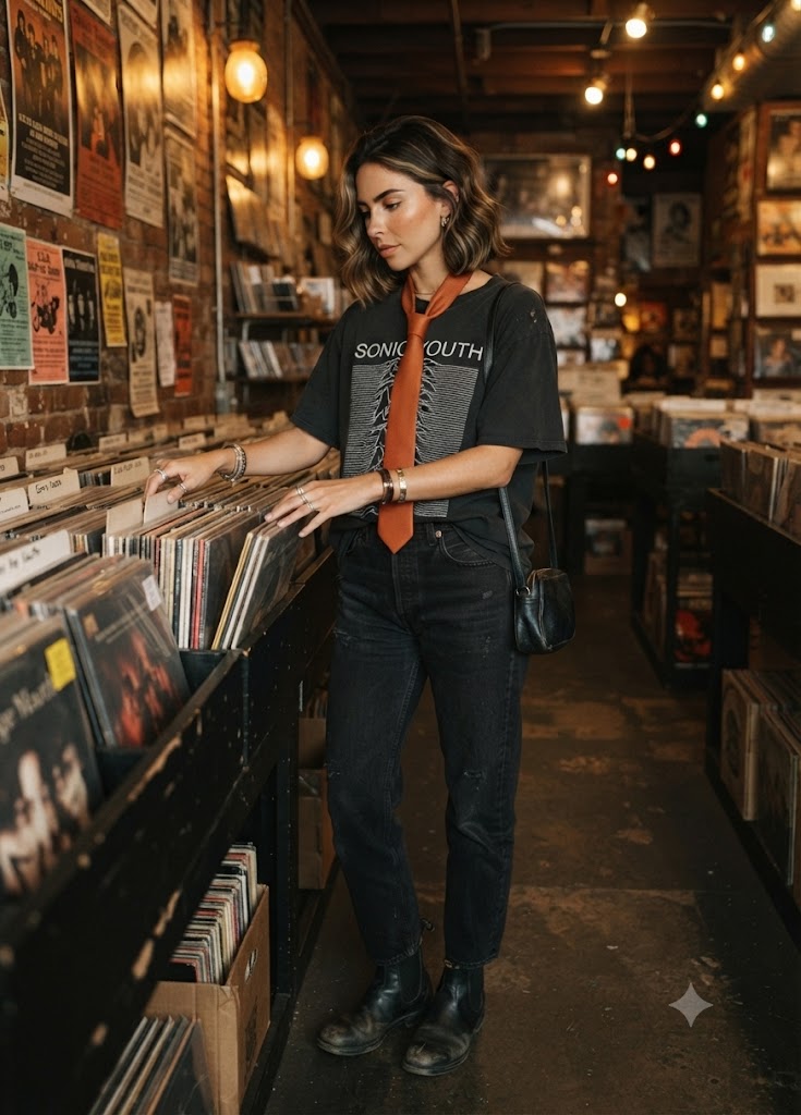 A woman stands in a record store aisle, wearing a black graphic T-shirt with 'SONIC SOUTH' printed in white across the chest, paired with dark jeans and black boots. She is looking at vinyl records on a shelf, with warm hanging lights and posters visible in the background.
