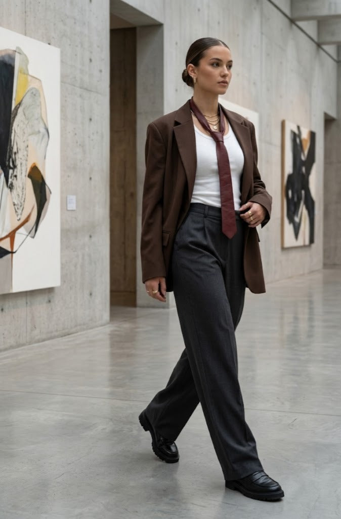 A woman walks through a modern art gallery wearing a brown blazer, white top, burgundy tie, and dark charcoal trousers.