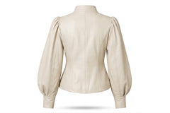 A light beige leather jacket with a mock neck, structured waist, and dramatic puffed balloon sleeves, shown from the back on a white background.