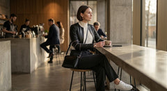 A woman in a black leather jacket and black pants sits on a stool at a cafe counter, holding a cup and looking out a large window. She has a black shoulder bag and is wearing white sneakers.