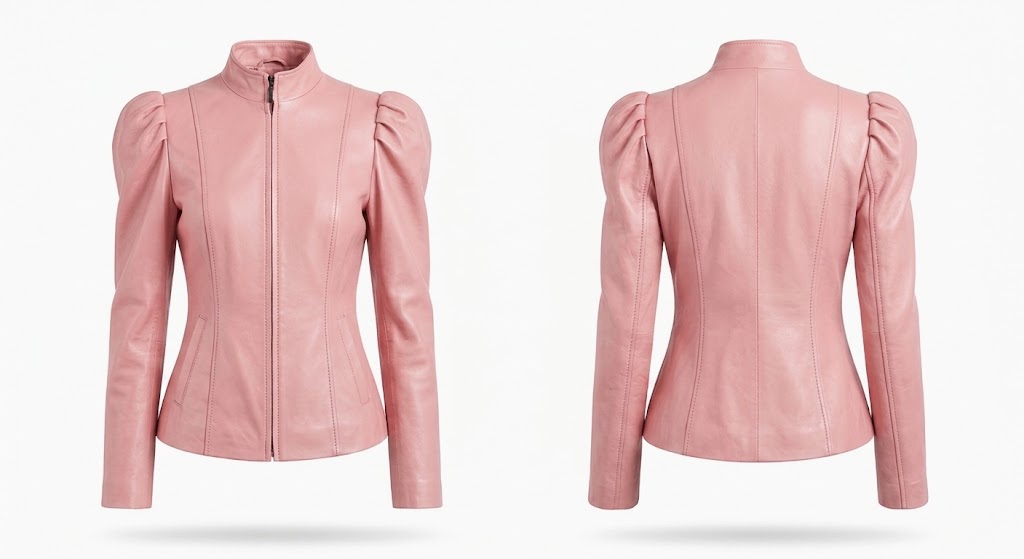 A light pink leather jacket shown from both the front and back views. The jacket features a high mock neck, a front zipper, and voluminous puffed sleeves with a fitted waist.
