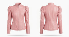 A light pink leather jacket shown from both the front and back views. The jacket features a high mock neck, a front zipper, and voluminous puffed sleeves with a fitted waist.