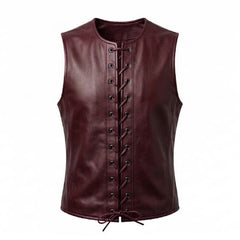 Men’s Genuine Leather Lace-Up Vest – Sleeveless Biker Style