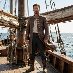 A man stands on the deck of a wooden sailing ship wearing a brown pirate-style coat over a cream shirt, dark trousers, and brown boots, with the ocean and rigging in the background.