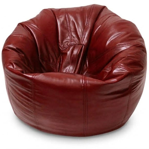 A round, deep red leather bean bag chair with a glossy finish, photographed on a solid white background.
