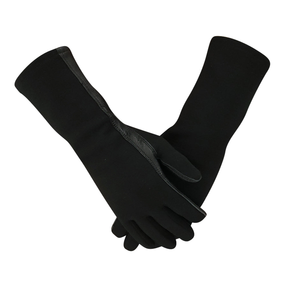 A pair of black long gloves with a smooth, slightly glossy synthetic palm and wrist trim, displayed crossed over each other on a solid white background.