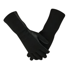 A pair of black long gloves with a smooth, slightly glossy synthetic palm and wrist trim, displayed crossed over each other on a solid white background.