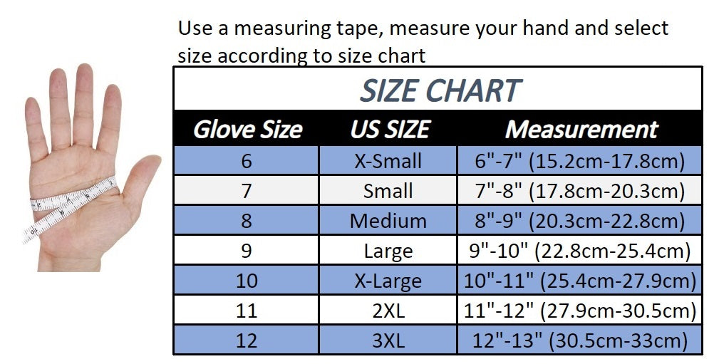 A size chart graphic with a hand holding a measuring tape on the left and a table on the right listing glove sizes from 6 to 12, US sizes from X-Small to 3XL, and corresponding measurements in inches and centimeters.