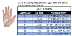 A size chart graphic with a hand holding a measuring tape on the left and a table on the right listing glove sizes from 6 to 12, US sizes from X-Small to 3XL, and corresponding measurements in inches and centimeters.