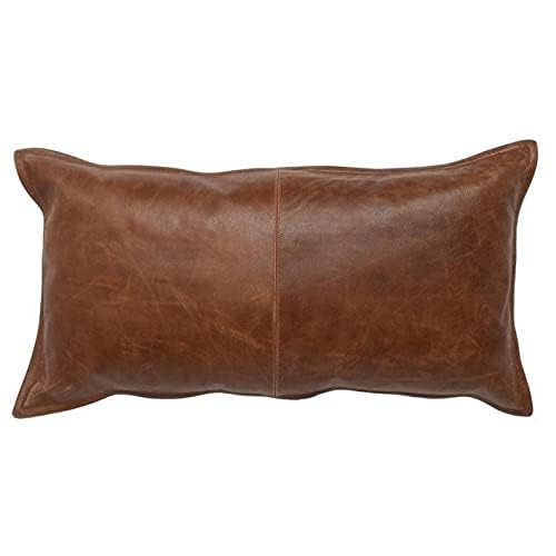 Antique brown leather rectangular cushion case showing rich vintage grain details.