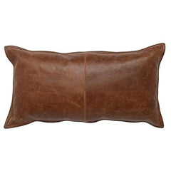 Antique brown leather rectangular cushion case showing rich vintage grain details.