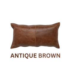 Antique brown leather rectangular cushion case showing rich vintage grain details.