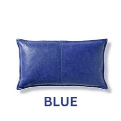 Vibrant blue genuine leather rectangular throw pillow cover with precision perimeter stitching.