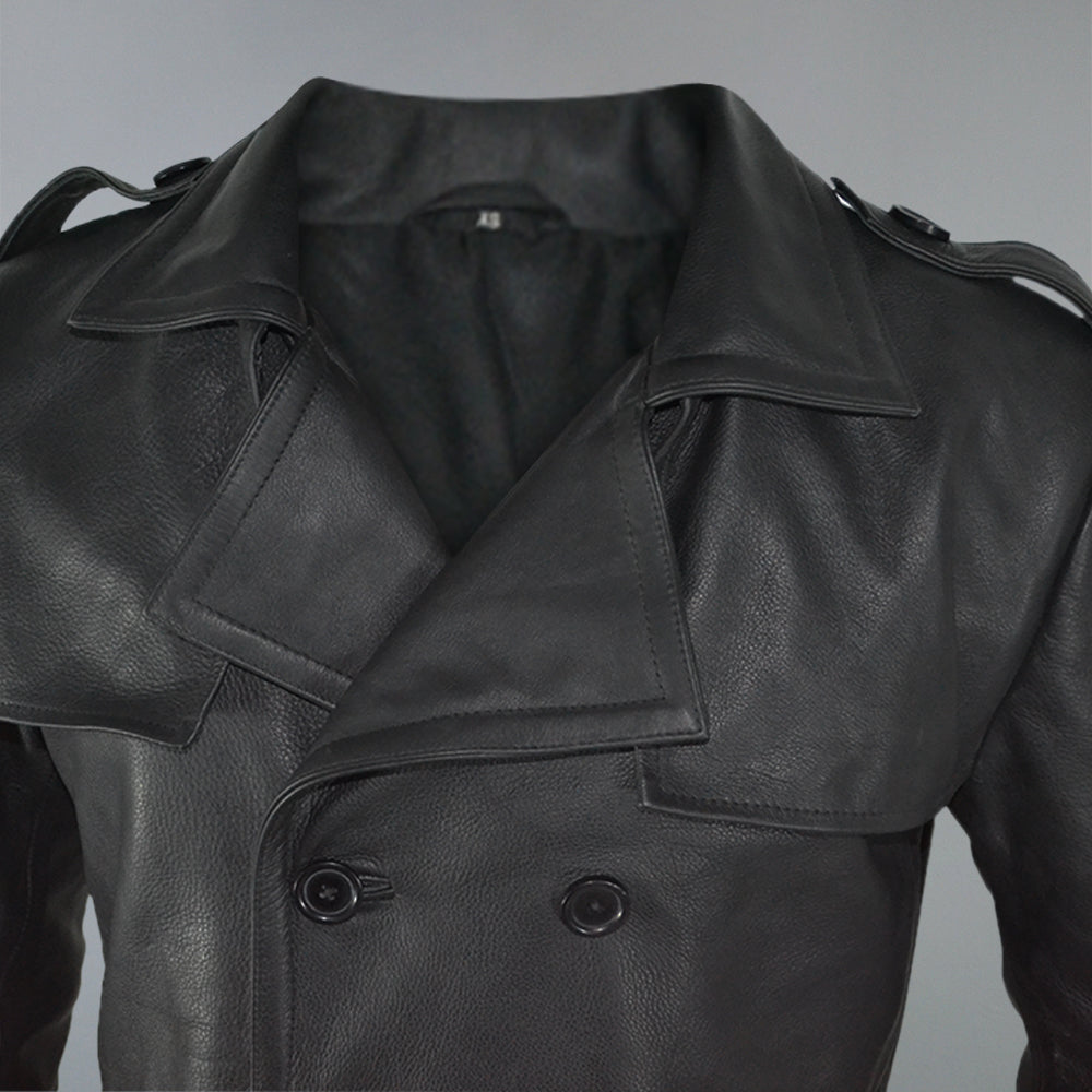 Mens Belted Black Trench Genuine Leather Coat With Lapel Collar