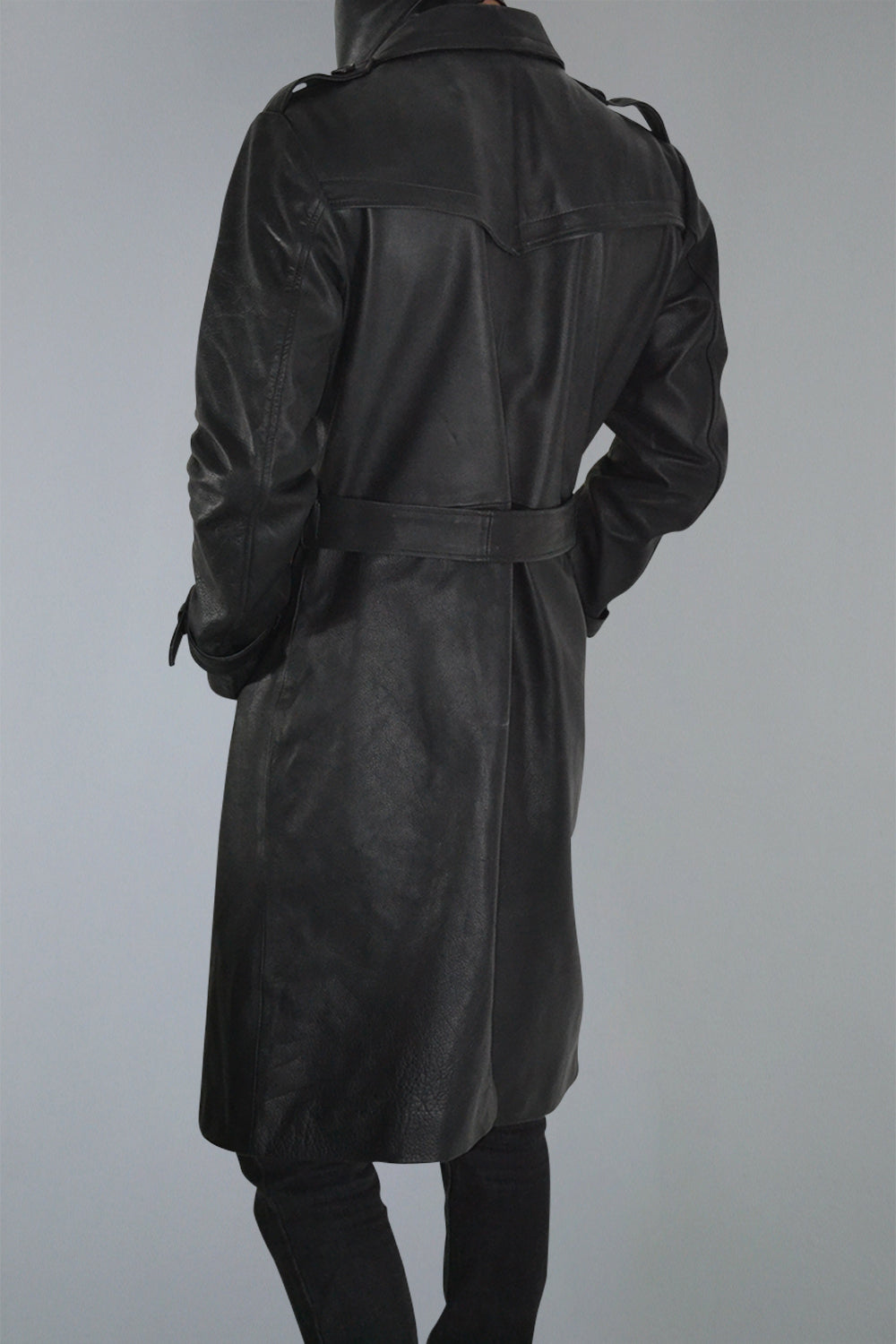 Mens Belted Black Trench Genuine Leather Coat With Lapel Collar