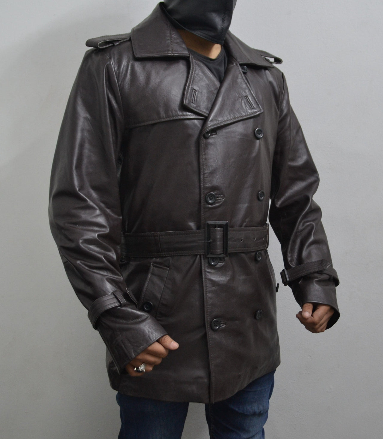 Men's Brown Waxed Belted Mid-Length Geniune Sheepskin Leather Trench Coat