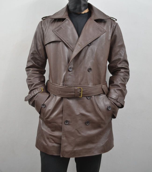 Men's Brown Belted Mid-Length Geniune Sheepskin Leather Trench Coat
