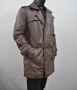 Men's Brown Belted Mid-Length Geniune Sheepskin Leather Trench Coat