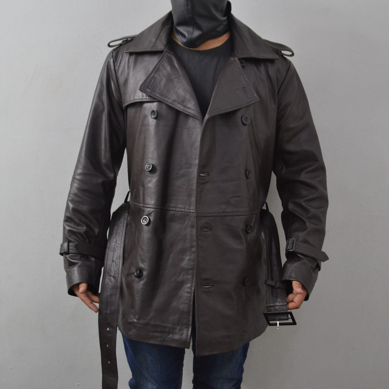 Men's Brown Waxed Belted Mid-Length Geniune Sheepskin Leather Trench Coat