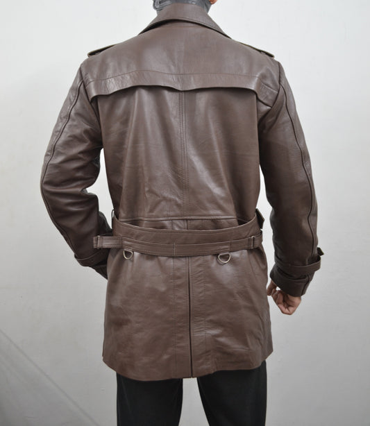 Men's Brown Belted Mid-Length Genuine Sheepskin Leather Trench Coat