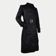 Men's Black Long Double-Breasted Belted Genuine Wool Coat