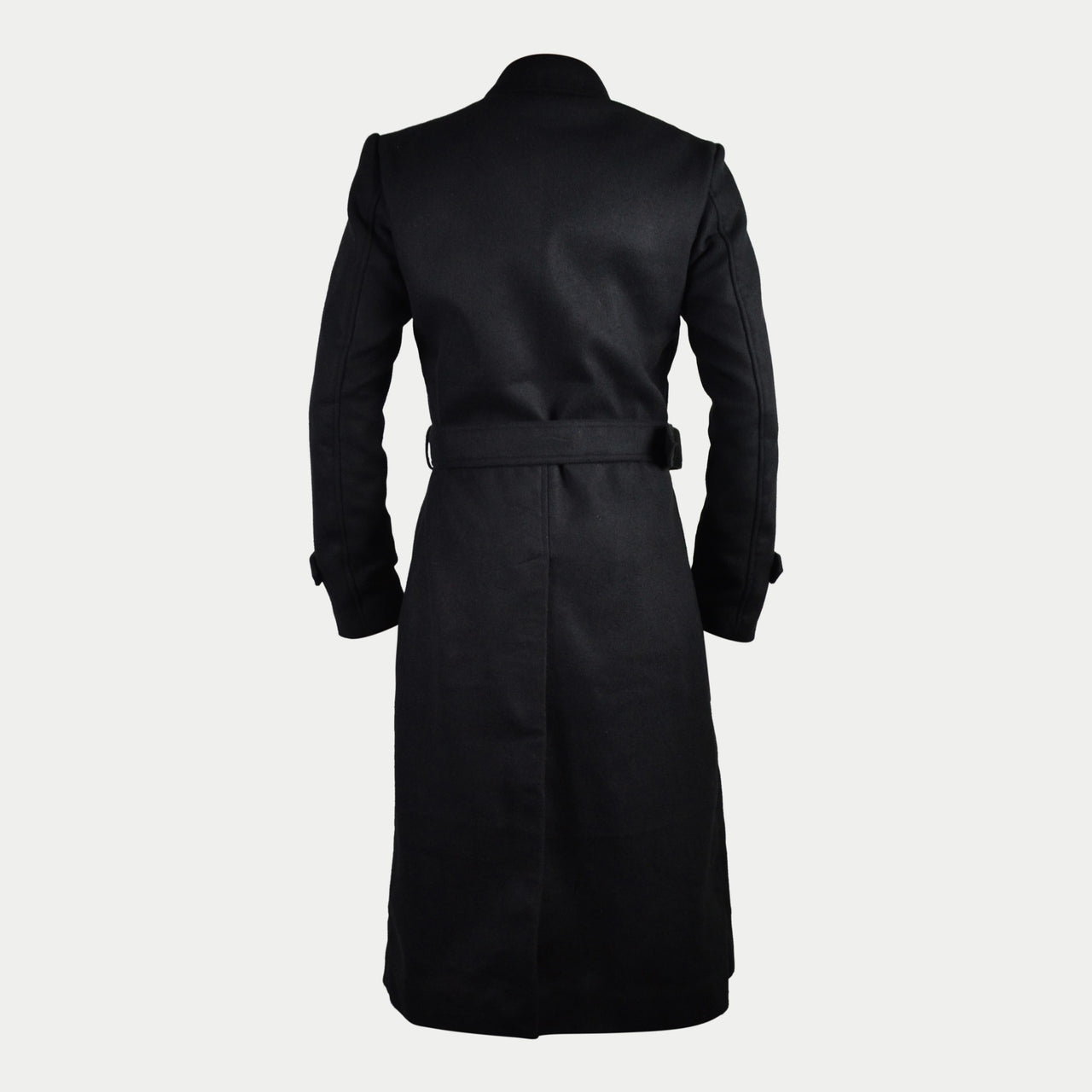 Men's Black Long Double-Breasted Belted Genuine Wool Coat – South