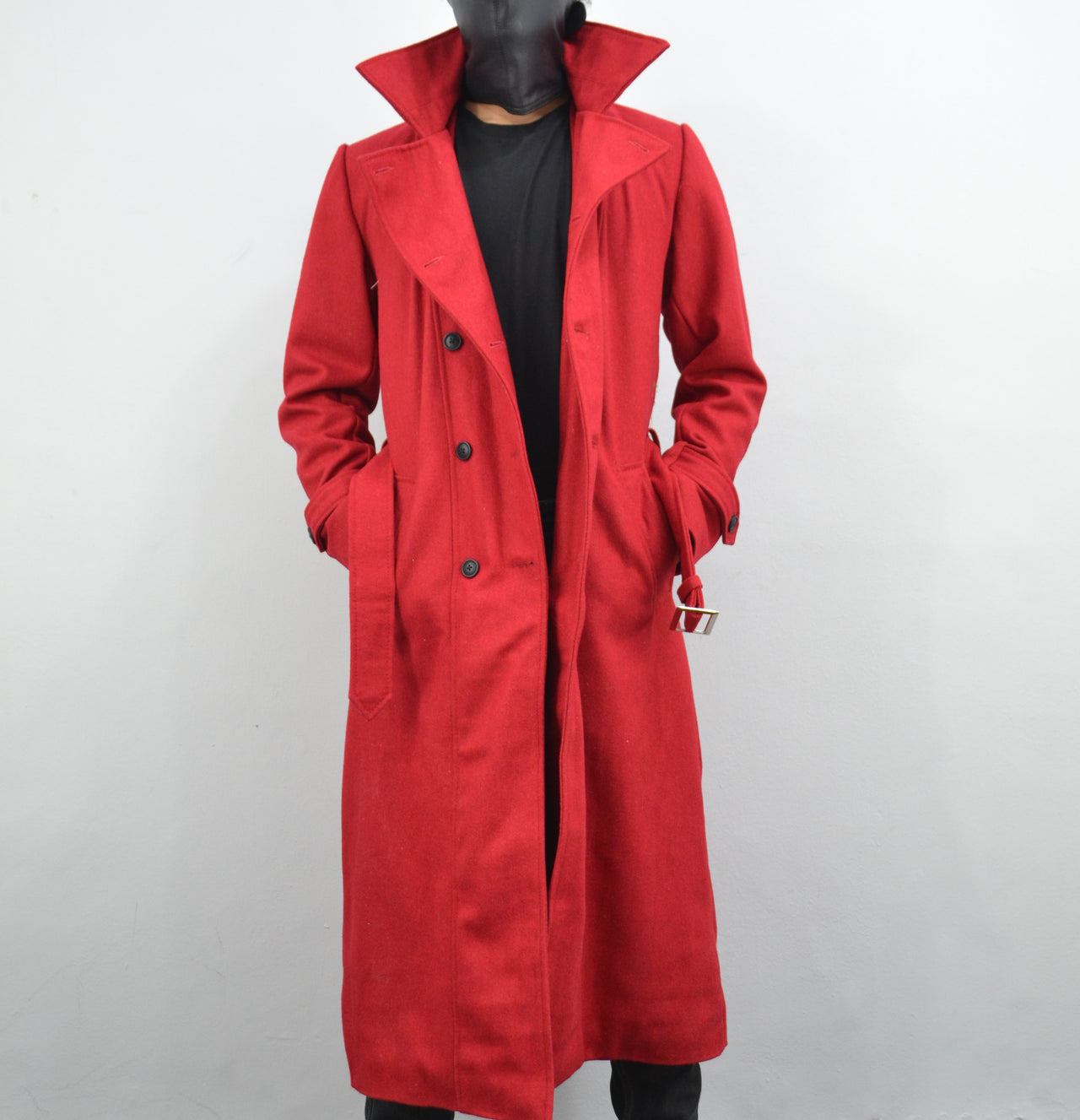 Men's Double-Breasted Red Long Geniune Wool Casual Belted Trench Coat