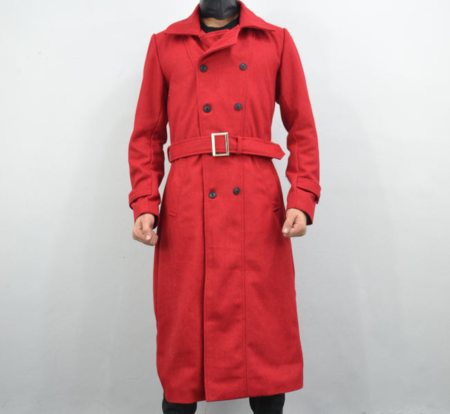Men's Double-Breasted Red Long Geniune Wool Casual Belted Trench Coat