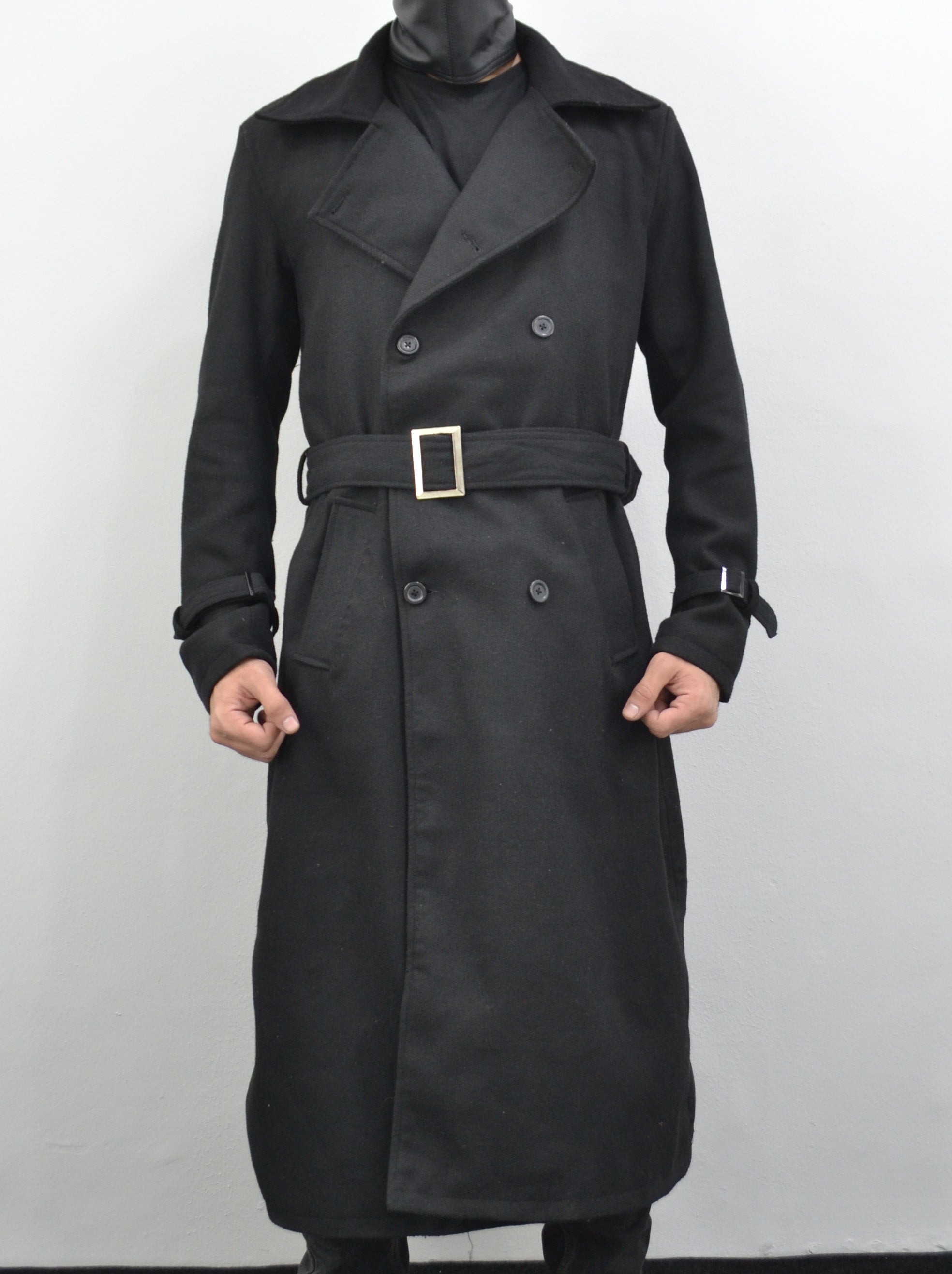 Men's Long Black Double-Breasted Geniune Wool Belted Trench Coat