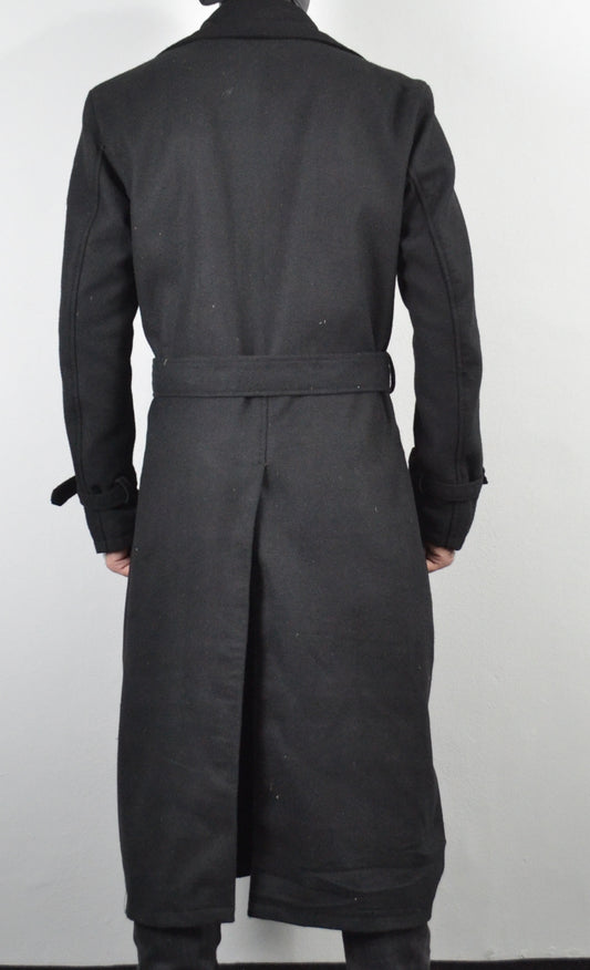 Men's Long Black Double-Breasted Geniune Wool Belted Trench Coat